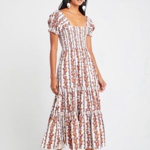 O.P.T Daphne Midi Dress Square Neck Orange Wonderland Vine Smocked Floral Tiered